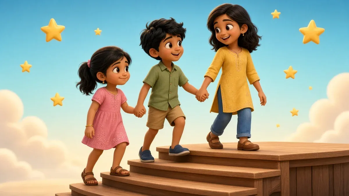 Children of different ages climbing onto the stage together in a Basic level class